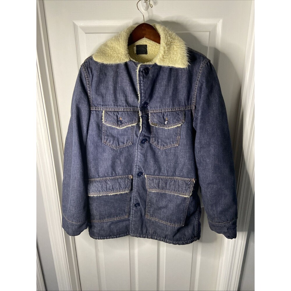 Sears Roebucks Jacket Men 40T Blue Demin Sherpa Lined 70s VTG Western Work
